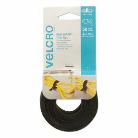 VELCRO BRAND Velcro, ONE-WRAP PRE-CUT THIN TIES, 0.5in X 8in, BLACK, 50PK 95172